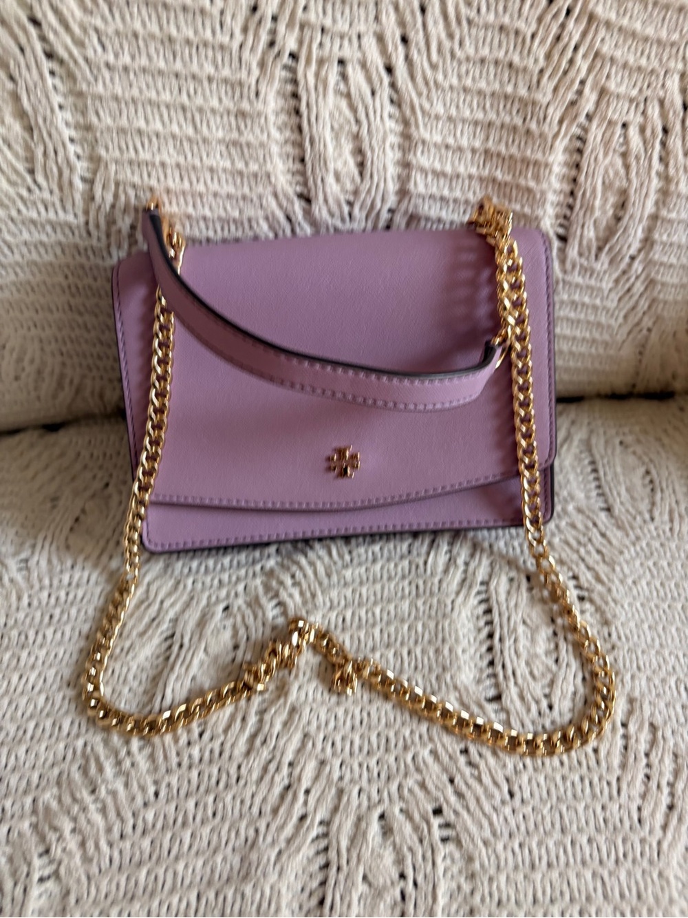 Tory Burch Lavender Leather Flap Crossbody with Gold Chain